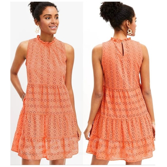 LOFT Dresses & Skirts - LOFT Women's Lively Coral Ruffled Neck Eyelet Tiered Swing Dress Size Medium NWT